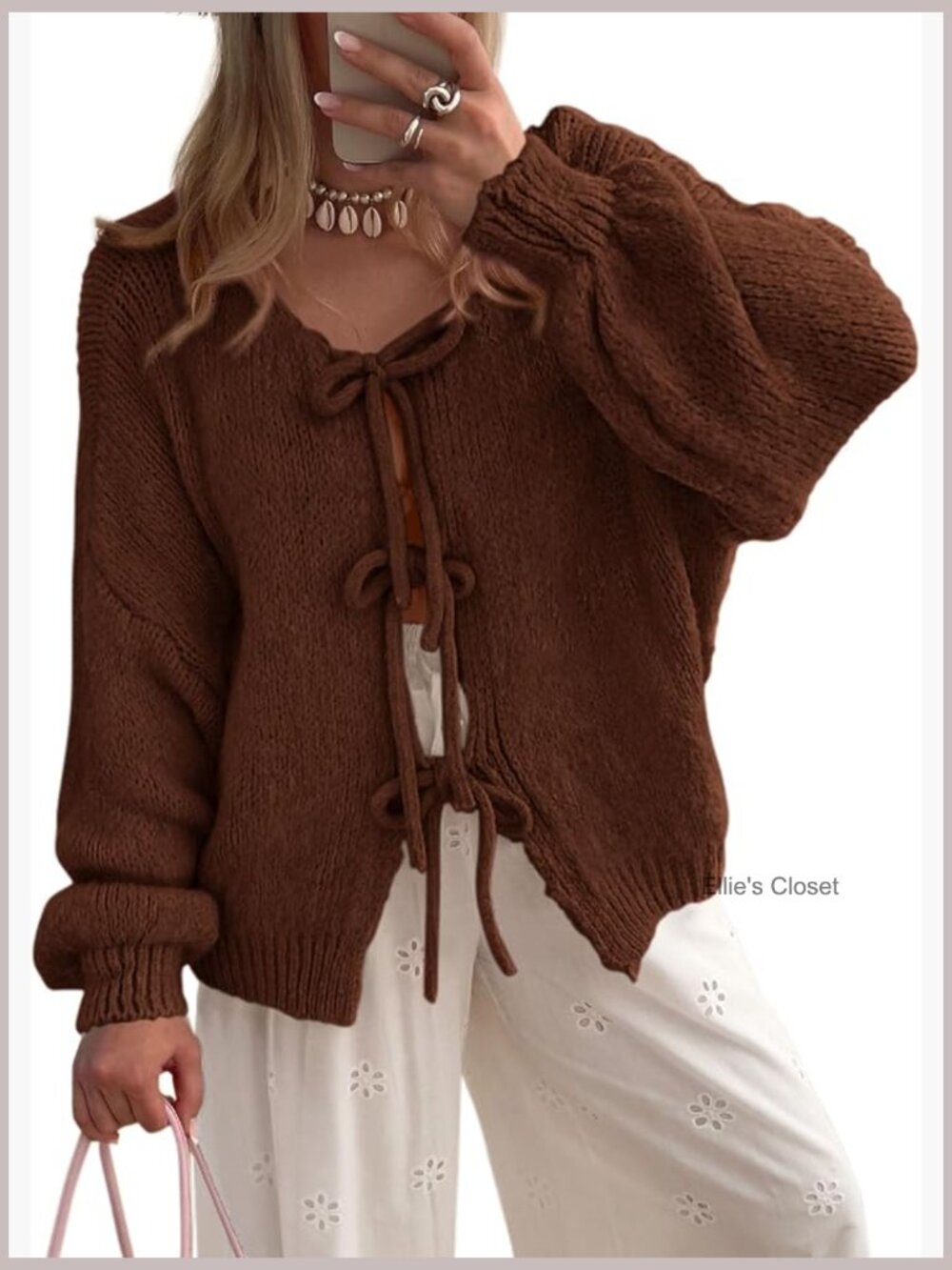 Chunky Knit Tie Front Bow Cardigan Puff Sleeve Open Front Jacket